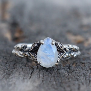 Art Deco Moonstone Engagement Silver Ring, Moonstone 925 Silver Ring, Nature Inspired Promise Ring, Anniversary Wedding Ring Gift Women
