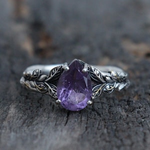Anillo de compromiso de plata con amatista inspirado en la naturaleza, anillo de aniversario con piedra preciosa morada, anillo de promesa de amatista en oro vermeil de 14 quilates, regalo para mujer.