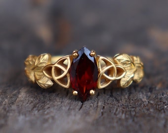 Nature Inspired Sterling Silver Ring, Genuine Garnet Gemstone Ring, Leaf Knot Garnet Ring, 14k Gold Plated Dainty Ring, Women's Ring