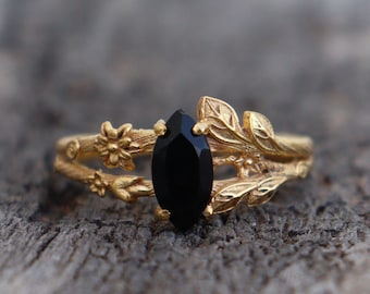Black Onyx Gold Vermeil Ring,  Nature-Inspired Leaf Tree Branches Ring, 925 Sterling Silver Ring, Wedding Promise Ring, Gift For Her