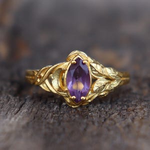 Anillo de plata con gema de amatista púrpura inspirada en la naturaleza y con diseño de rama de árbol, anillo de plata de ley 925, anillo hecho a mano de media luna, anillo de boda con gema.