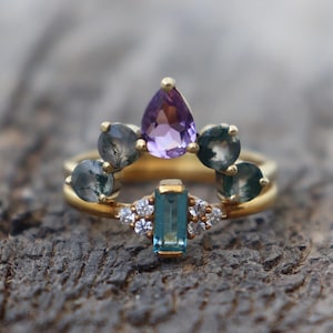 Natural Amethyst & Moss Agate Promise Ring ~ 14k Gold Vermeil Aquamarine Ring ~ 925 Sterling Silver Double Ring ~ Women's Aquamarine Ring