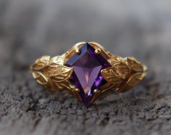 Natural 14k Gold Amethyst 925 Silver Ring  ~ Handmade Bohemian Gift Ring For Women&#39;s ~ Kite Nature Inspired Amethyst Ring For Women&#39;s