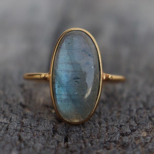Long Gold Labradorite Ring 14k Gold Plated Rings, Blue Fire Labradorite Gold Ring, 925 Sterling Silver Ring Gemstone 10*20MM Long Stone Ring