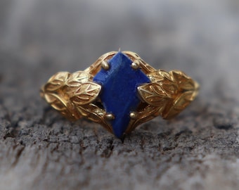 Natural Lapis Lazuli Gemstone Ring ~ Kite Lapis Ring ~ Handmade Boho Statement Ring For Women's ~ Nature Inspired leaf Lapis Ring