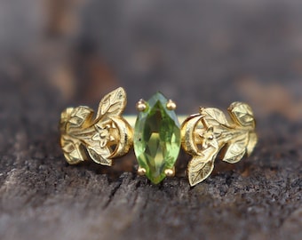 Anello con peridoto verde taglio marquise ispirato alla natura, placcato oro 14 carati, anello di fidanzamento, fede nuziale, anello in oro con peridoto per lei, anello di tendenza
