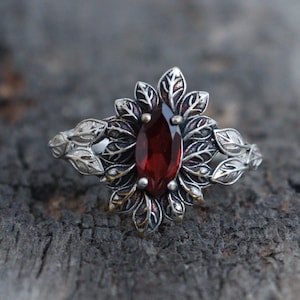 Nature Inspired Marquise Cut Garnet Silver Ring, Tree Branch Sterling Silver Ring, Gold Vermeil Garnet Dainty Ring For Women,Engagement Gift