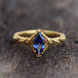 Blue Sapphire Ring, Sapphire Marquise Gold Vermeil Silver Leaf Ring, Nature-Inspired Leaves Handmade Ring, Art-Deco Nature Engagement Ring