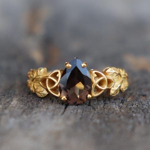 Drop Smokey Quartz 14K Gold Plated Nature Inspired knot Engagement Wedding Ring Bridal Ring 14K Gold Ring For Her Statement Promise Ring