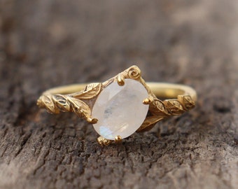 Nature Inspired Moonstone Gold Ring, Moonstone Jewelry, Leaf Ring, Rainbow Moonstone Ring, Valentine's Day gift, Gold Ring