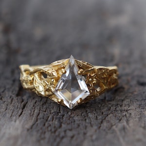 Natural Crystal Clear Quartz Kite Gemstone Ring, Handmade Leaves Sterling Silver Valentine gift Ring, Statement Engagement Ring For Women