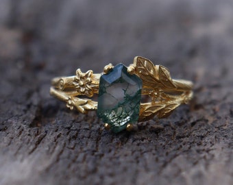 Agate 925 Sterling Silver Nature inspired ring, Genuine Natural moss agate Flower & Leaf Ring,  Wedding Gift Ring, Anniversary Gifts For Her