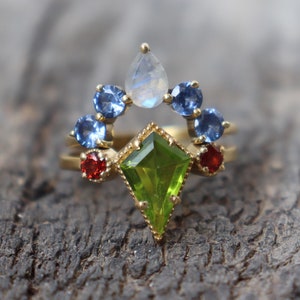 Natural Sapphire & Peridot Ring, 18k Gold Plated Ring, Birthstone Ring, Dainty Wedding Ring, Moonstone Garnet Ring, Promise Ring