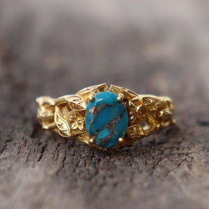 Bague en argent sterling turquoise en cuivre naturel, bague en argent sterling faite main en argent 925, bague en argent avec pierres précieuses turquoise, bague de créateur en forme de feuilles de bohème