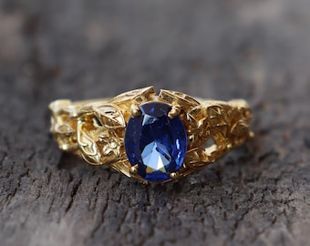 Natural 14k Gold Vermeil Sapphire Ring, 925 Sterling Silver Blue Sapphire Anniversary Gift Ring, Nature Leaf Inspired September Birthstone