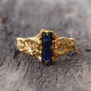 Lab-Created Blue Sapphire Gemstone Ring, Statement Sterling Silver Ring, Tree Branch Leaves Anniversary Style Gift  Ring, Boho Midi Gift