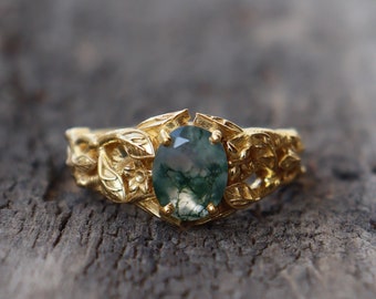 Natural Moss Agate 925 Sterling Silver Ring, 14k Gold Vermeil Moss Agate Nature Leaf Inspired Ring, Green Moss Agate Anniversary Gift Ring