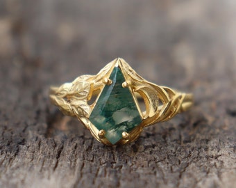Kite-Cut Moss Agate Silver Flower Ring, Celestial Ring, 925 Sterling Silver Ring, Leaves Ring, Weeding Rings, Anniversary Ring