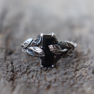 Zwarte onyx geslepen zwarte onyx verlovingsring massief 925 massief zilveren beloftering Op de natuur geïnspireerde art deco bladring Haar unieke sieraden cadeau