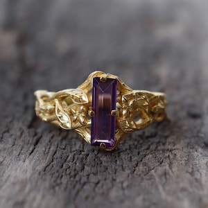 Amethyst Bar Ring, 925 Sterling Silver Ring, Silver Leaf Branch Ring, Nature Inspired Handmade Ring, Celestial Jewelry, Leaves Ring For Her