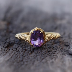 Amethyst Gold Leaf Nature Inspired Ring, Sterling 925 Silver Nature Leaves Ring, Art Deco Ring, Natural Gemstone Ring, Tree Leaf Jewelry