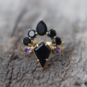 Natural Black Onyx Amethyst Ring, Set Of 2 Engagement Rings, 14k Gold Plated Wedding Ring for Women, Crown Silver Bridal Ring Gift for Her
