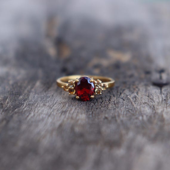 Vintage Garnet & Citrine Ring, 925 Sterling Silver Red Gemstone Engagement Ring, Women's Design Ring, Gold Filled Ring, Silver Ring