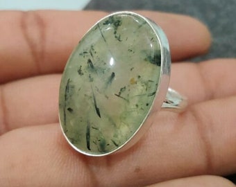 Prehnite Stone Ring, Statement 925 Sterling Silver Ring, Bohemian Women's Silver Ring, Gemstone Prehnite Ring, Handmade Oval Prehnite Ring