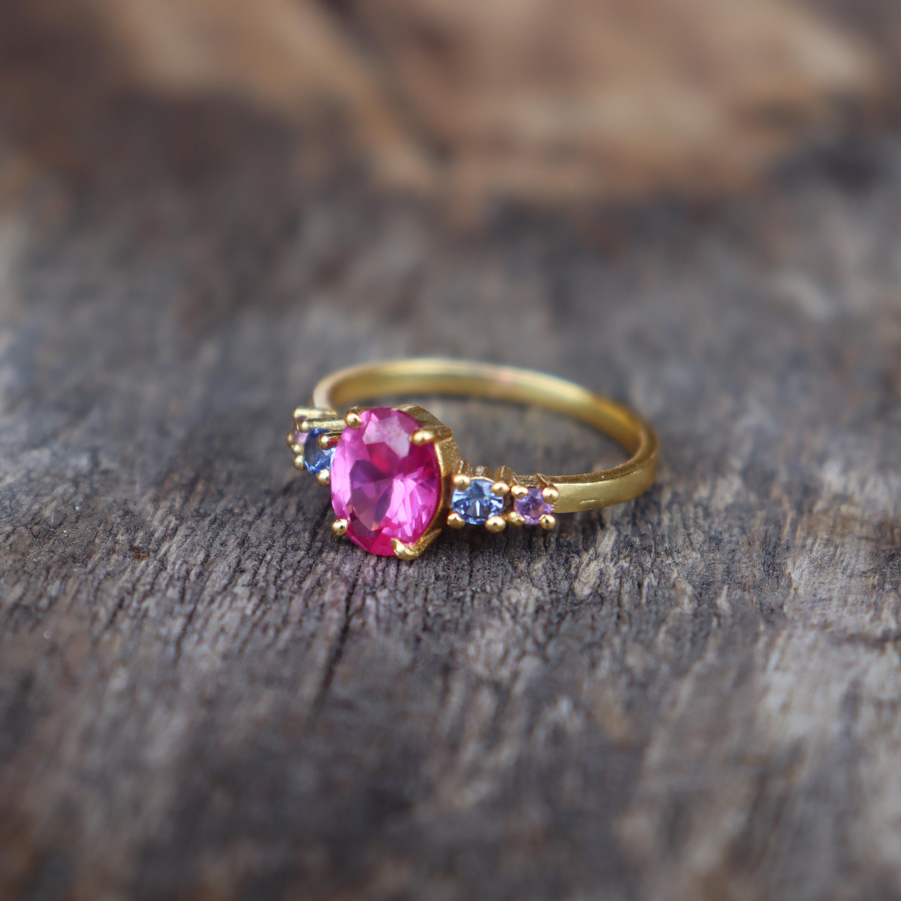 ピンクルビー、サファイア、アメジストの14Kゴールドリング、925