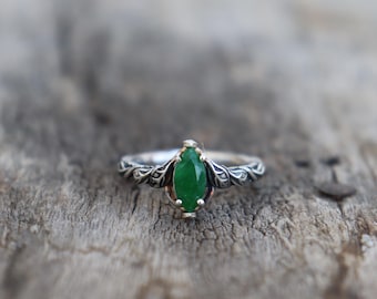 Natural Green Jade Silver Branches Ring, 925 Sterling Silver Ring, Handmade Nature Inspired Jewelry, Leaves Ring, Wedding Gift Ring For Her
