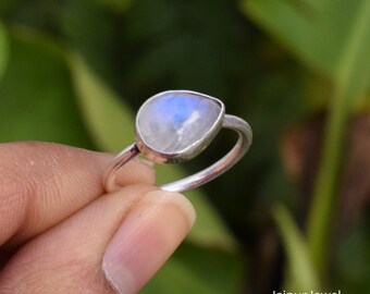 Genuine Pear Rainbow Moonstone Midi Thin Rings, Handmade Blue Fire June Birthstone Minimalist Jewelry, Unique 925 Stamped Silver Jewelry