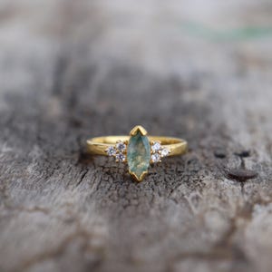 Natural Baguette Moss Agate Ring - Wedding Band Ring - Promise Art Deco Unique Marquise Cut Green Agate Anniversary Gifts Delicate Ring