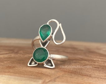 Emerald Ring, Two Stone Ring, Adjustable Ring, Handmade Ring, Cut Stone Ring, Green Stone Ring, Cat Design Ring, Boho Ring, Women Ring