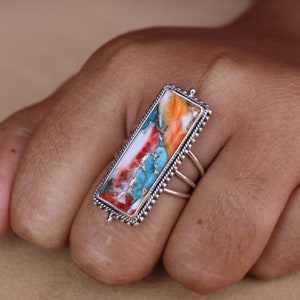 Natural Oyster Turquoise Solid Sterling Silver Ring, Genuine Gemstone Silver Ring For Women,  Handmade Stacking Three Band Oyster Gift Ring