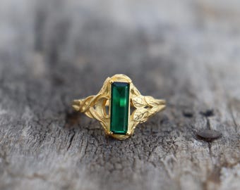 Hydro Emerald Sterling silver engagement ring Emerald Vintage style engagement ring Gold Plated Leaves Branch Ring, Half Moon Celestial Ring