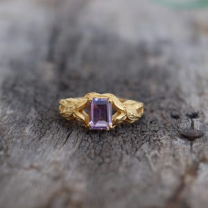 Natural Amethyst Gold Plated Silver Leaf Ring, Branch Ring, Simple Handmade Natur Inspired 925 Sterling Silver Jewelry For Her