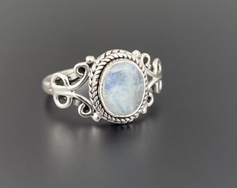 Blue Fire Moonstone Midi Statement Rings, Handmade Rainbow June Birthstone Boho Jewelry, 925 Sterling Silver Tiny Boho Gift Rings For Women