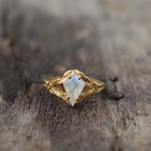 Nature Inspired GENUINE Moonstone Engagement Ring, Anniversary Gift for Women, Kite Moonstone Stacking Ring, 14K Gold Plated Wedding Ring