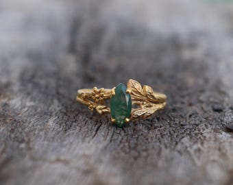 Moss Agate Nature Leaf Ring Women, May Birthstone Sterling Silver Twig Ring, Agate Gemstone Engagement Ring for Her, Green Stone Ring