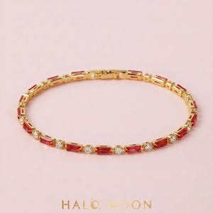 Gold Tennis Bracelet | Ruby Red CZ Baguette Links | 18K Plated, 7 Inch, Bridal Jewellery