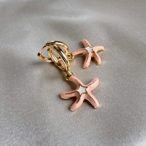 18k Gold plated Starfish Hoop Earrings | Pink & White Enamel Dangle Earrings | Coastal beach holiday Summer Jewellery Gift