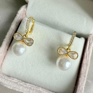 Gold Plated Pearl & Bow Drop Hoop Earrings | Crystal Bridal Earrings | Elegant Wedding Jewellery | Gift for Her | Statement Drop Earrings