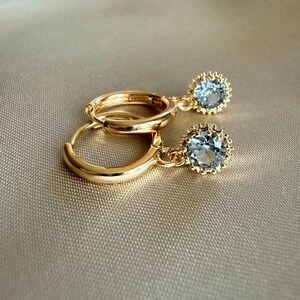 Gold Plated light blue Crystal Huggie Hoop Earrings, Elegant Bridal Gift, Bridesmaid gift, Dainty Sparkly Earrings for Her