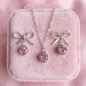 Silver Bow Heart Jewellery Set, Light Baby Pink Crystal Necklace & Earrings