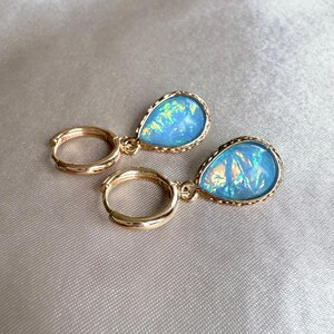 Imitation Opal Drop Earrings | 18K Gold Plated Teardrop Hoops | Blue Fire Effect Stone | Dainty Earrings Gift for Her, bridesmaid, wedding