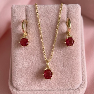 Gold Plated Ruby Red Pink Crystal Jewellery Set, Necklace & Hoop Earrings