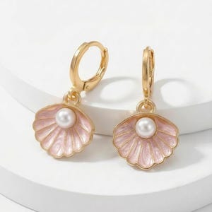 Shell Hoop Earrings | Light Pink Enamel Pearl Huggies - 18K Gold Plated - Beach Jewelry