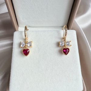 Real 18k Gold Plated Crystal | Bow and pink Heart Huggie Hoop Earrings | Wedding Bridal Bridesmaid Gift Jewellery