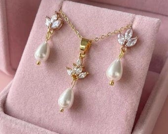 18k Gold Plated Art Deco Pearl Jewellery Set, Bridal Necklace Earrings