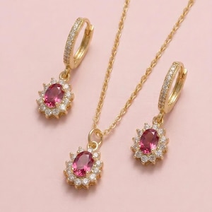 Wedding Jewellery, Ruby Pink-Red CZ Necklace-Earrings Set | Gold-Plated | Oval Pendant, 50Cm